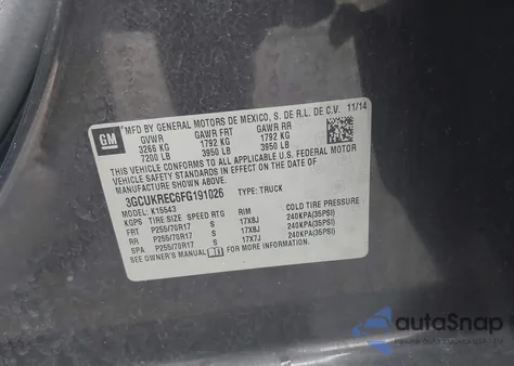 2015 Chevrolet Silverado 1500 1Lt from USA, damaged, VIN 3GCUKREC6FG191026